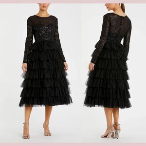 NWT IEENA Mac Duggal [ 14 ] 26299 Long Sleeve Ruffle Tiered Midi Dress BLAC J758